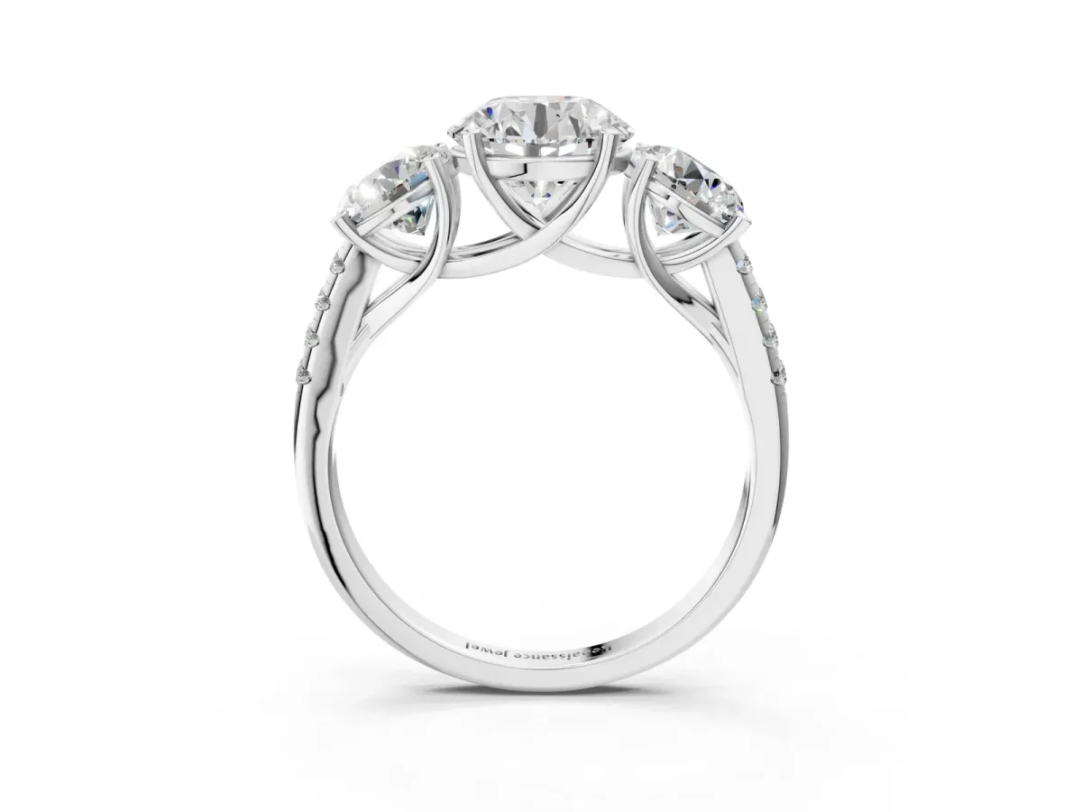 Three-Stone Round Cut Diamond Ring with Round Moissanite Pavé Band and Prong Setting Silver