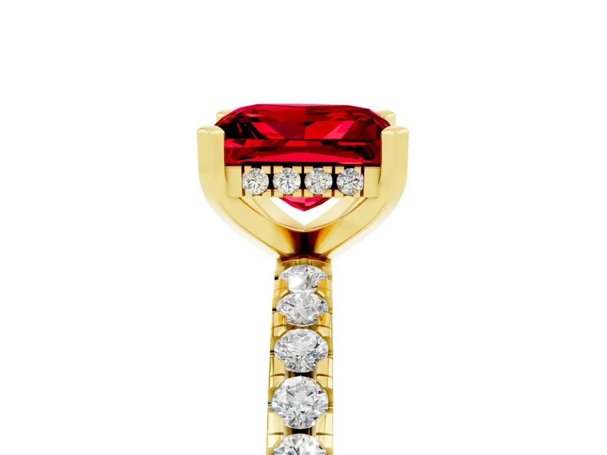 Princess Cut Ruby Solitaire Ring with Round Pavé Band and Four-Prong Setting Yellow gold