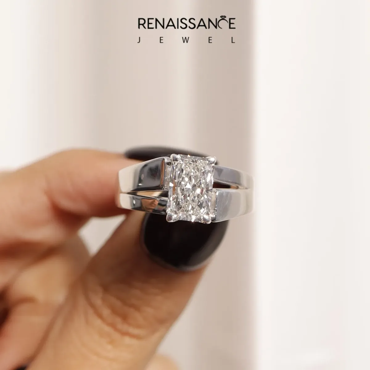 Modern Tension Set Radiant Cut Diamond Solitaire Wide Band Ring Silver