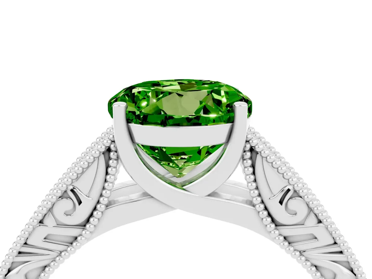 Round Cut Peridot Solitaire Ring with Engraved Band and Four-Prong Setting White gold