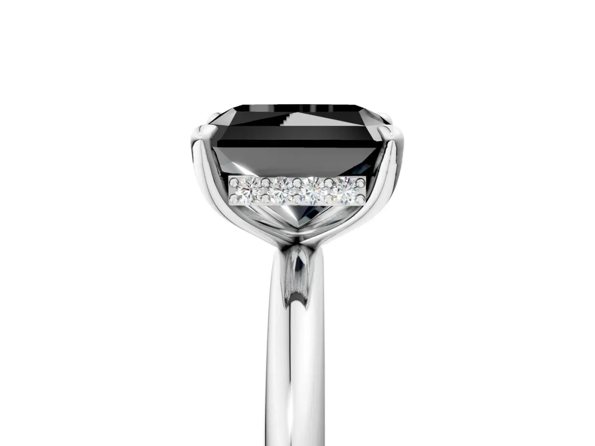 Fancy Black Radiant Cut Diamond Solitaire Ring with Thin Band and Four-Prong Setting Platinum