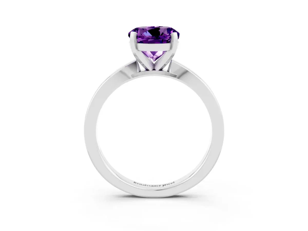 Round Cut Amethyst Solitaire Engagement Ring with Classic Band and Four-Prong Setting Silver