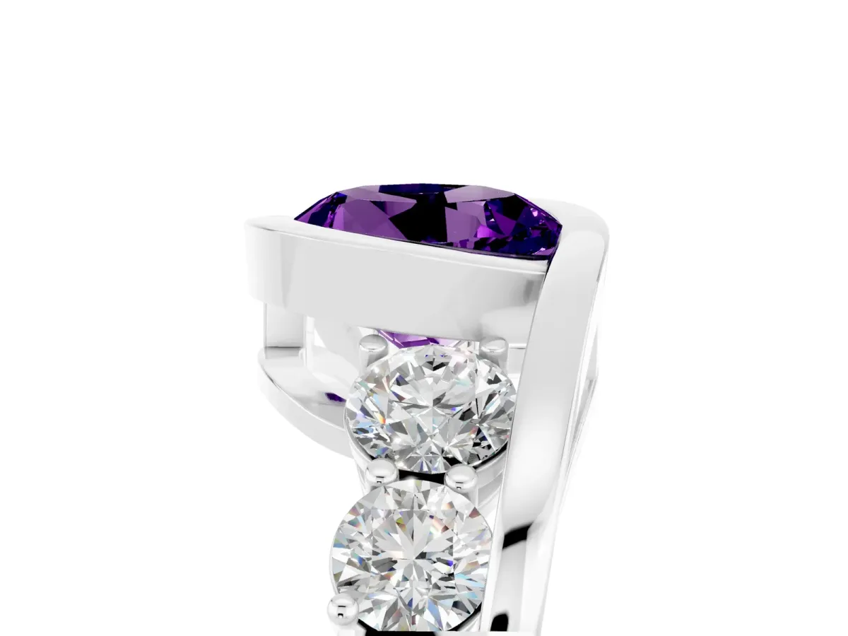 Bezel Set Round Cut Amethyst Bypass Ring with Round Accents Silver