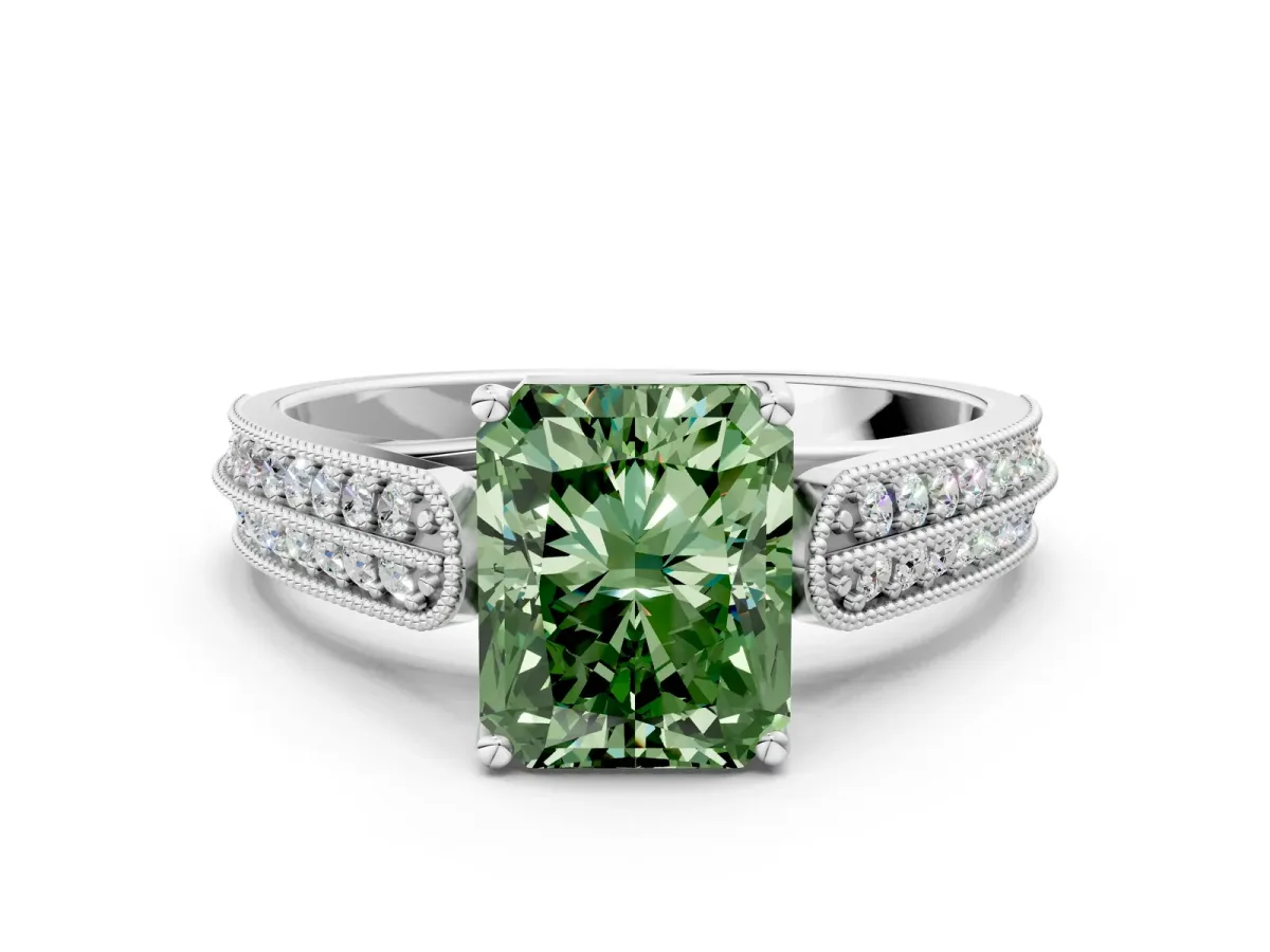 Fancy Green Radiant Cut Cut Pave Split Shank Engagement Ring with Four-Prong Setting Platinum