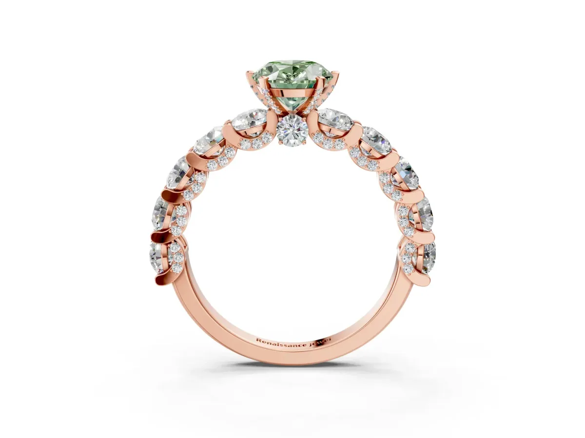 Fancy Green Oval Cut Diamond Side Stone Engagement Ring with Four-Prong Setting Rose gold