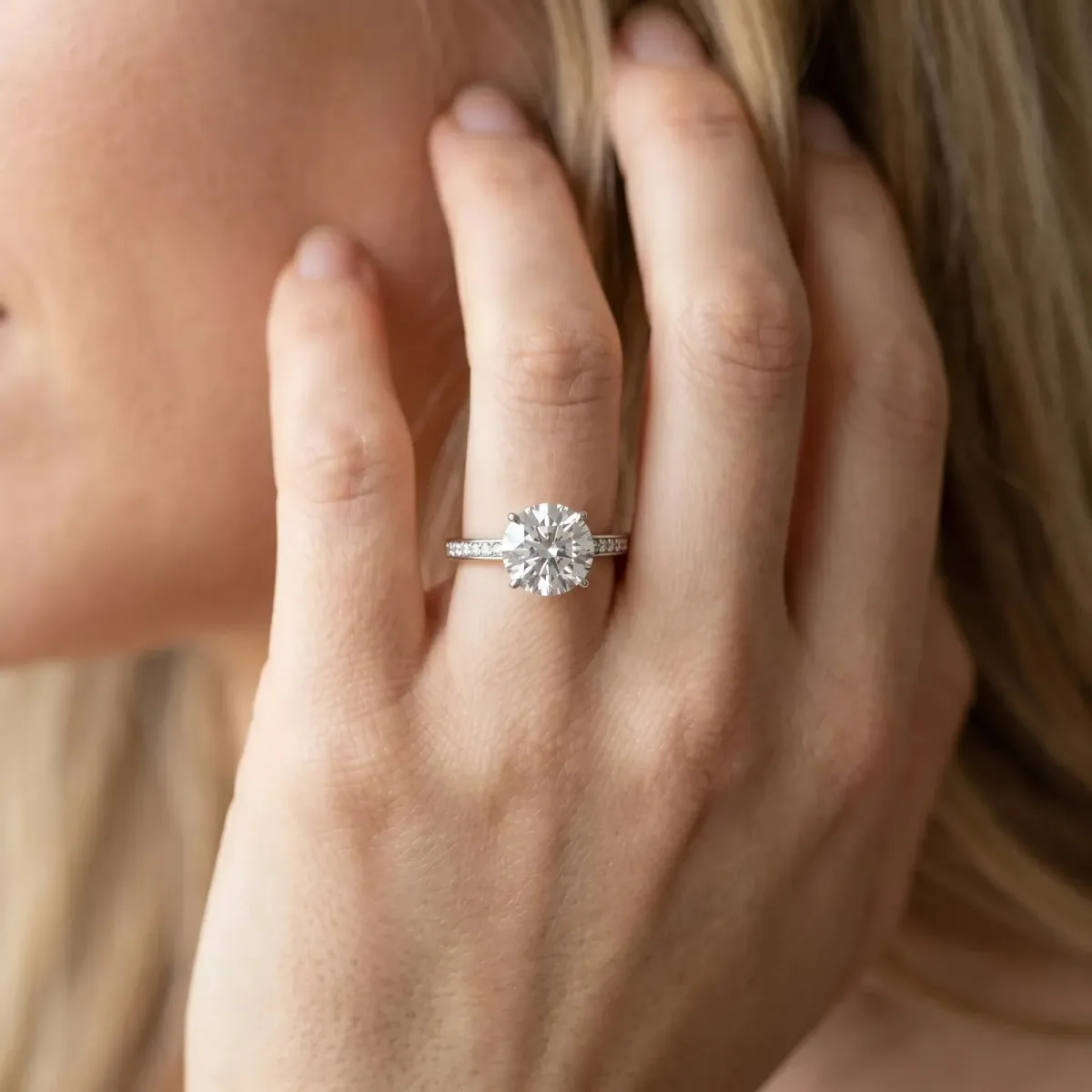 Round Cut Solitaire Pavé Band Prong Setting Ring Silver