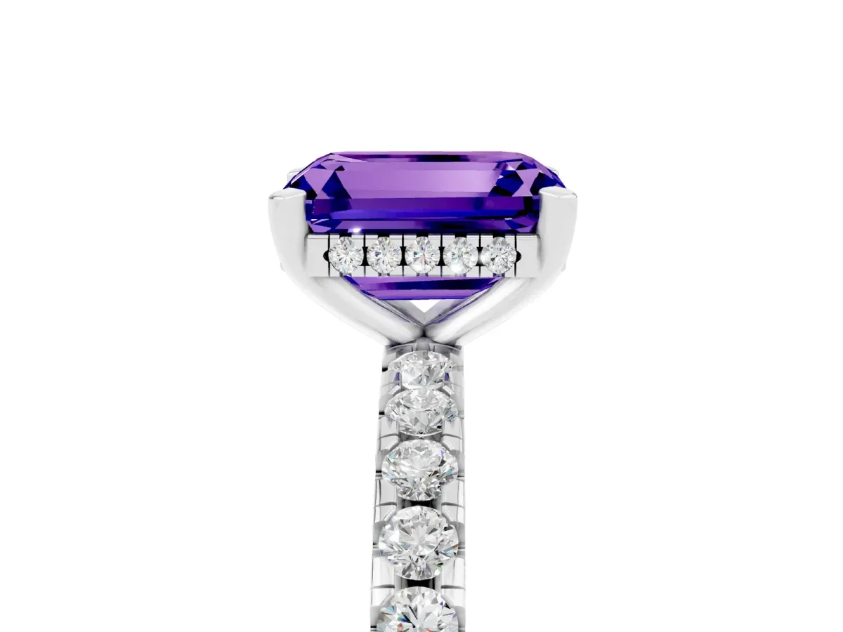 Emerald Cut Tanzanite Solitaire Ring with Round Pavé Band and Four-Prong Setting Silver