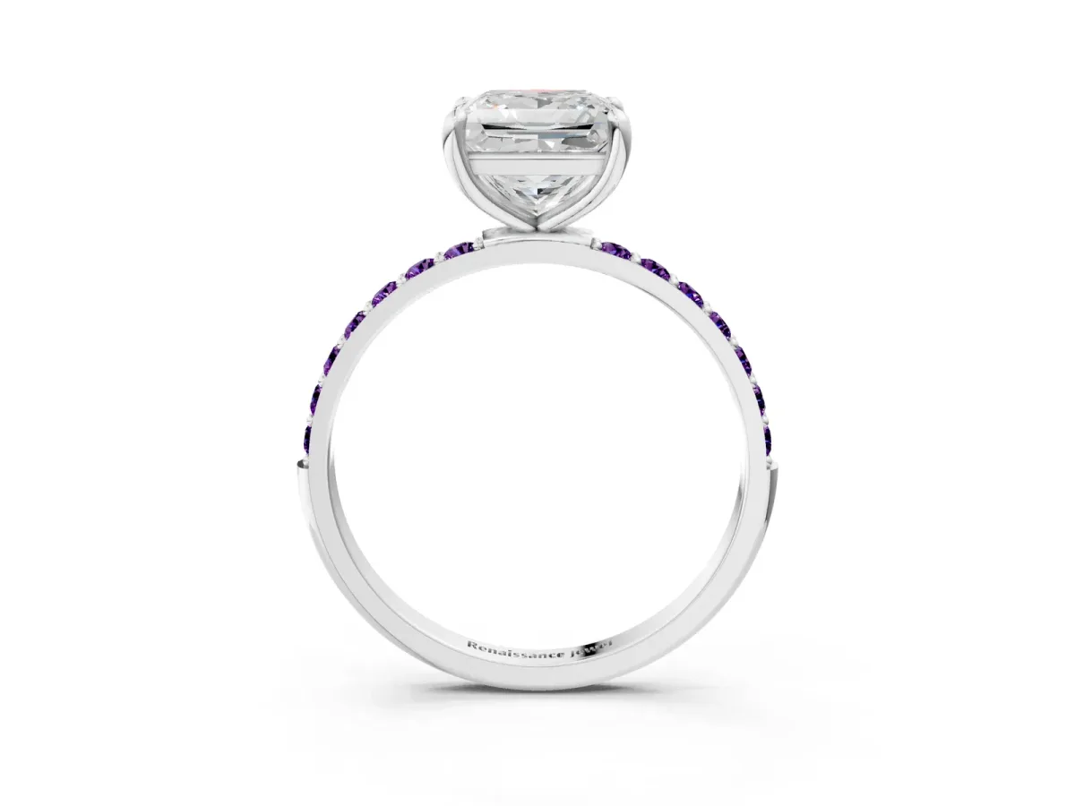 Princess Cut Diamond Solitaire Ring with Round Amethyst Pavé Band and Prong Setting Silver