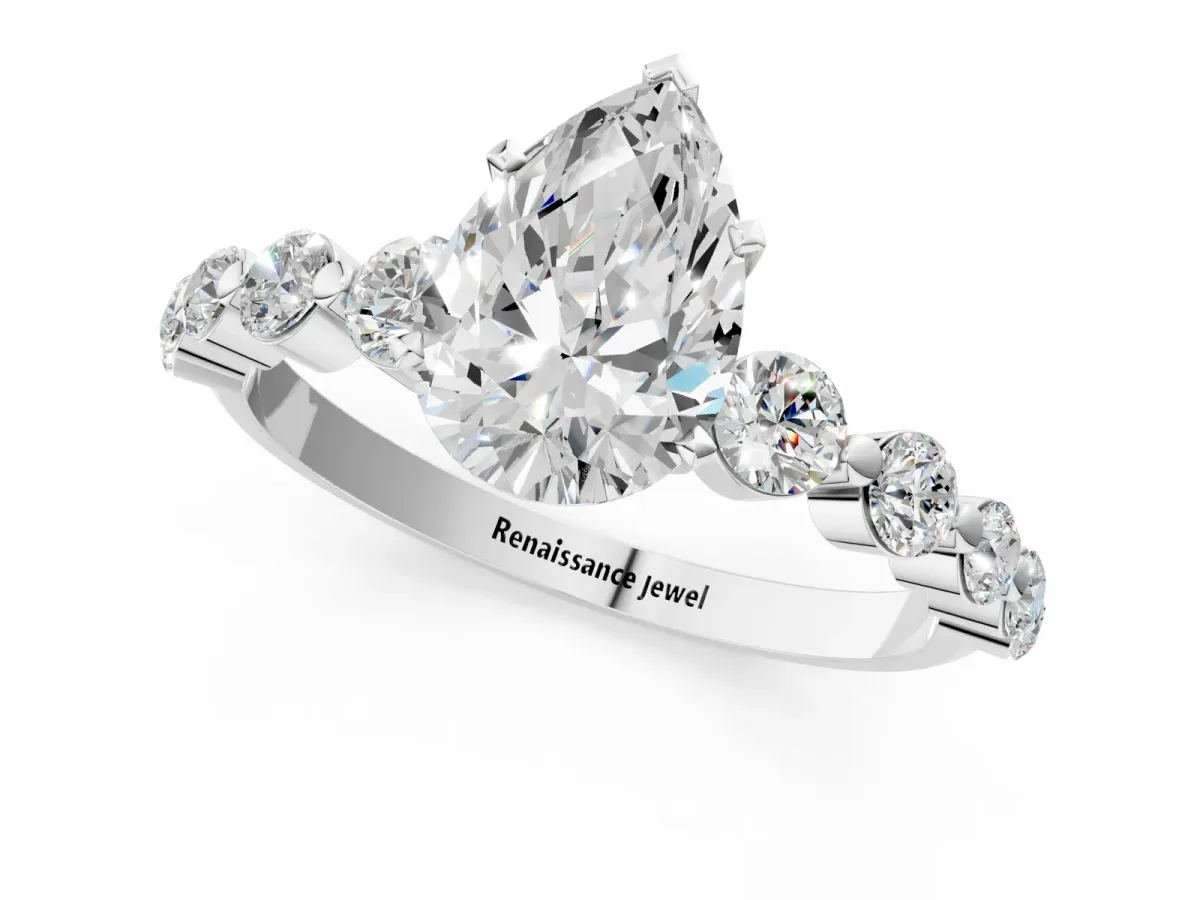 Pear Cut Solitaire Diamond Ring with Pave Band and Four-Prong Setting Platinum