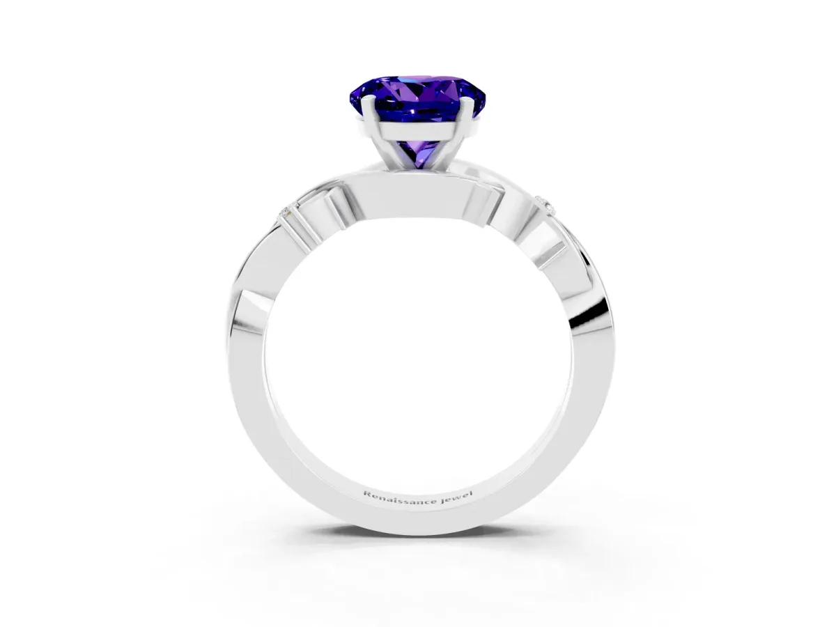 Round Cut Tanzanite Solitaire Ring with Twisted Band and Prong Setting Silver