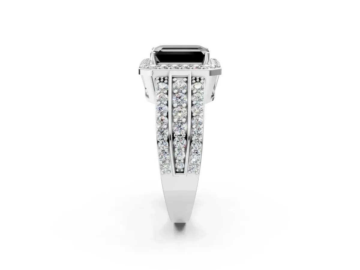 Fancy Black Emerald Cut Halo Diamond Ring with Round Split Shank and Prong Setting Platinum