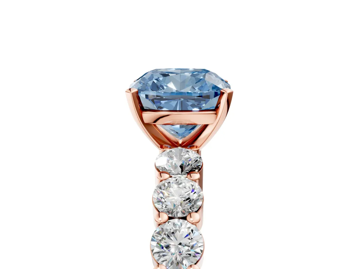 Fancy Blue Cushion Cut Diamond Solitaire Ring with Shared Prong Round Side Stones Rose gold