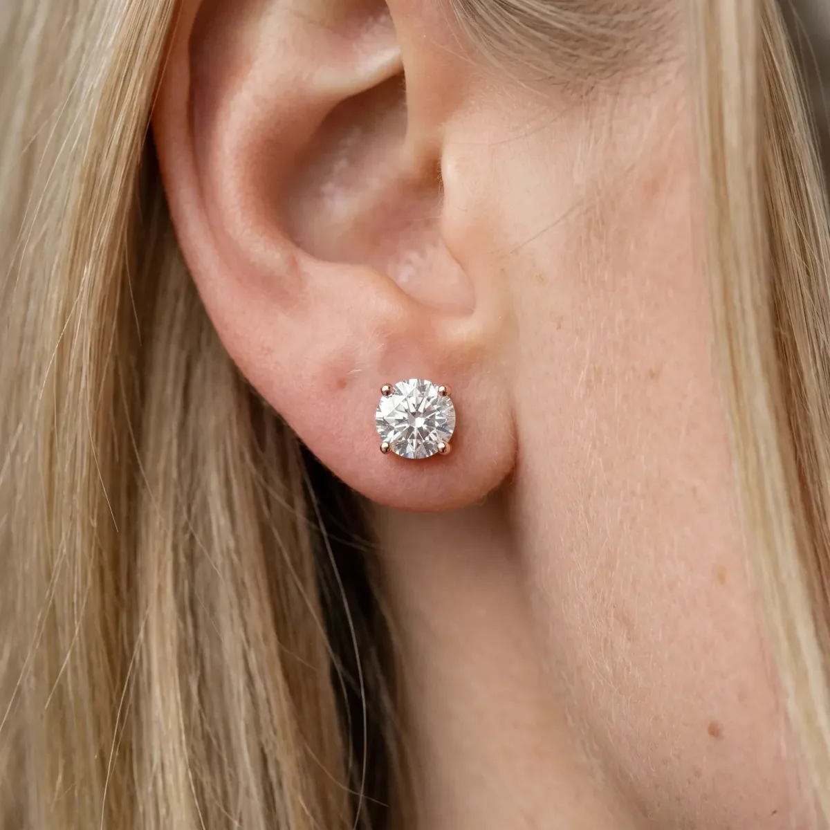 Round Solitaire Diamond Stud Earrings with Four-Prong Basket Setting Rose gold