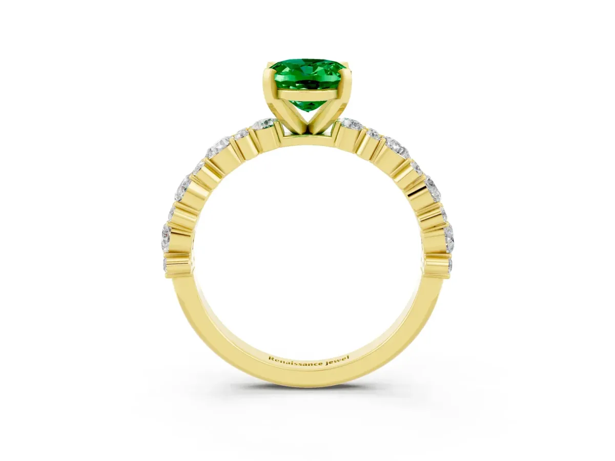 Oval Cut Emerald Side Stone Solitaire Ring with Round and Four-Prong Setting Yellow gold