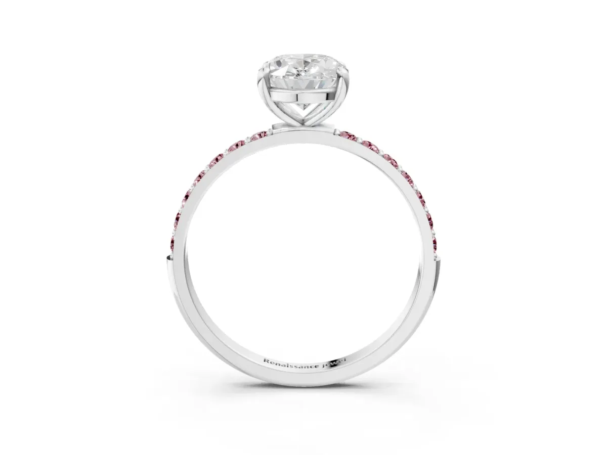 Oval Cut Diamond Solitaire Ring with Round Morganite Pavé Band and Prong Setting Silver