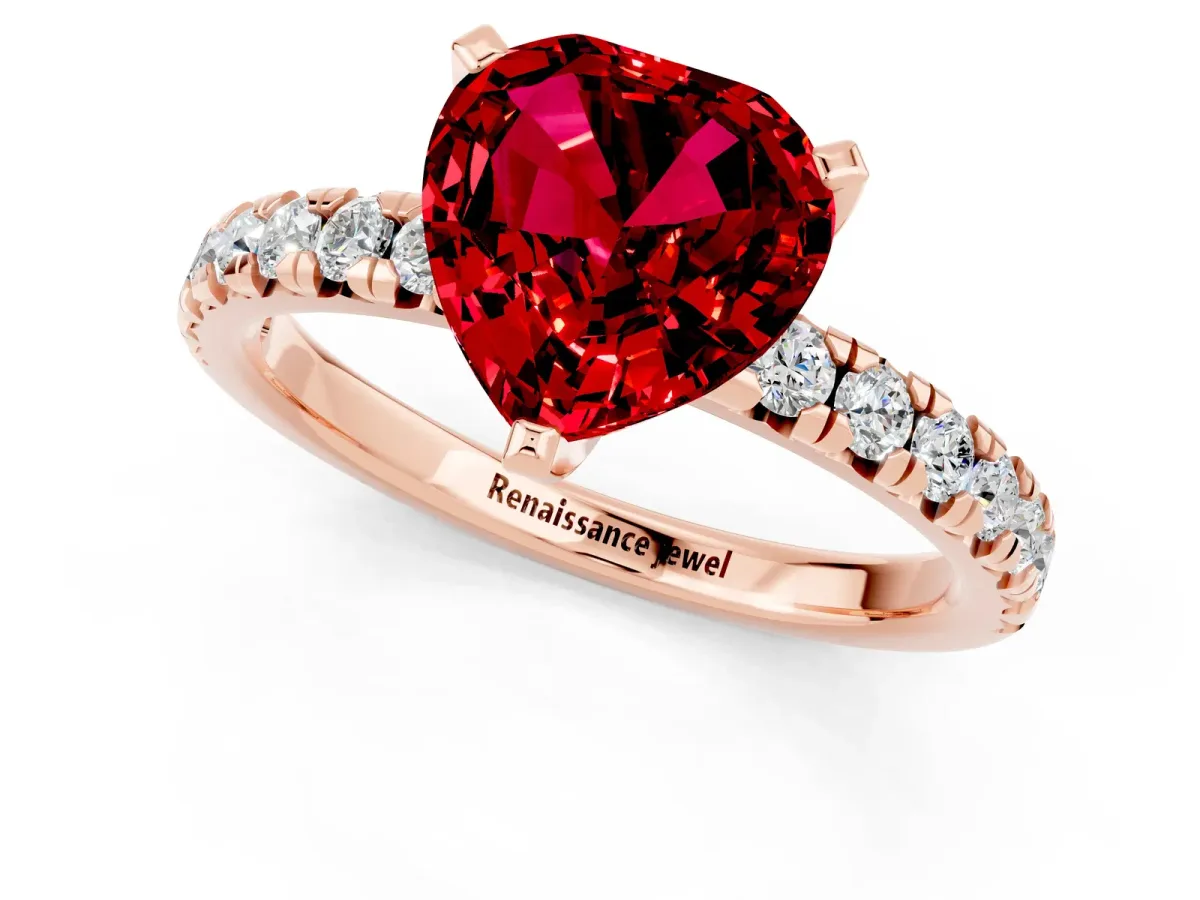 Heart Cut Ruby Solitaire Pavé Engagement Ring with Round Band and Prong Setting Rose gold
