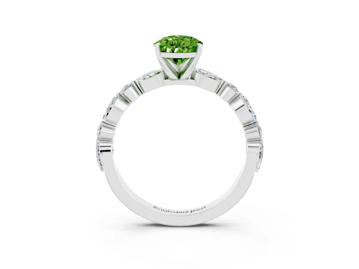 Pear Cut Peridot Ring with Marquise and Round Side Stones and Four-Prong Setting Silver