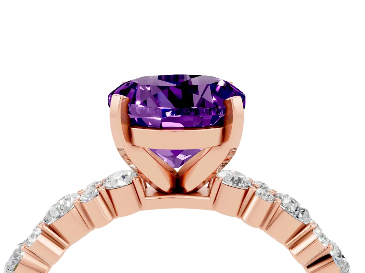 Round Cut Amethyst Side Stone Solitaire Ring with Round and Four-Prong Setting Rose gold