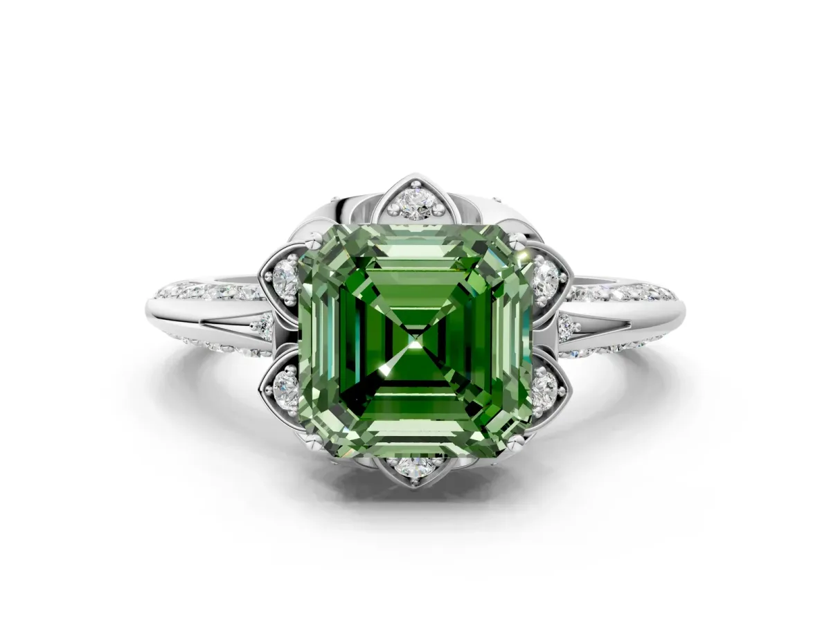 Fancy Green Asscher Cut Halo Split Shank Pave Diamond Ring with Petal Prong Setting Silver