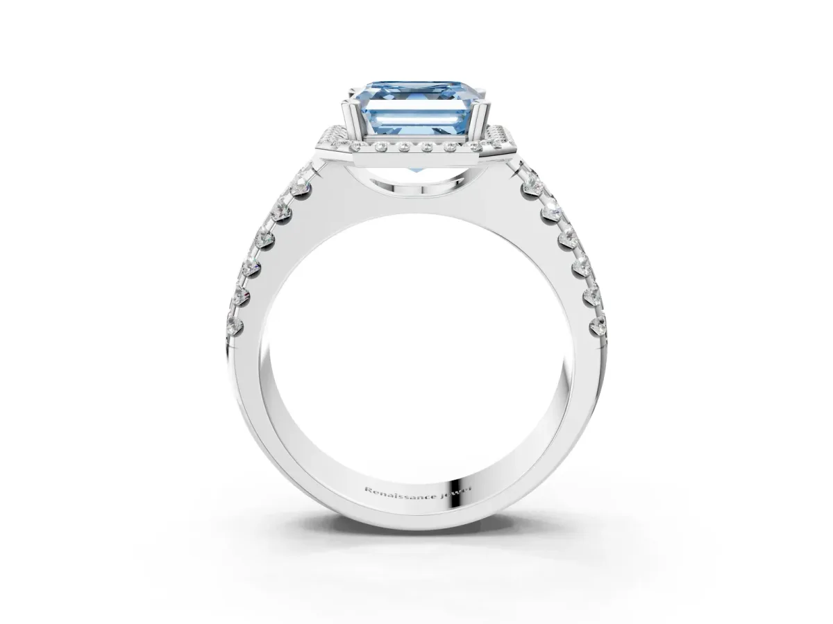 Fancy Blue Asscher Cut Halo Diamond Split Shank Engagement Ring with Prong Setting Platinum