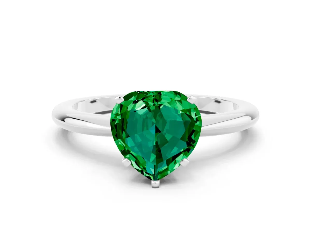 Heart Cut Emerald Solitaire Ring with Six-Prong Setting and Classic Band Silver