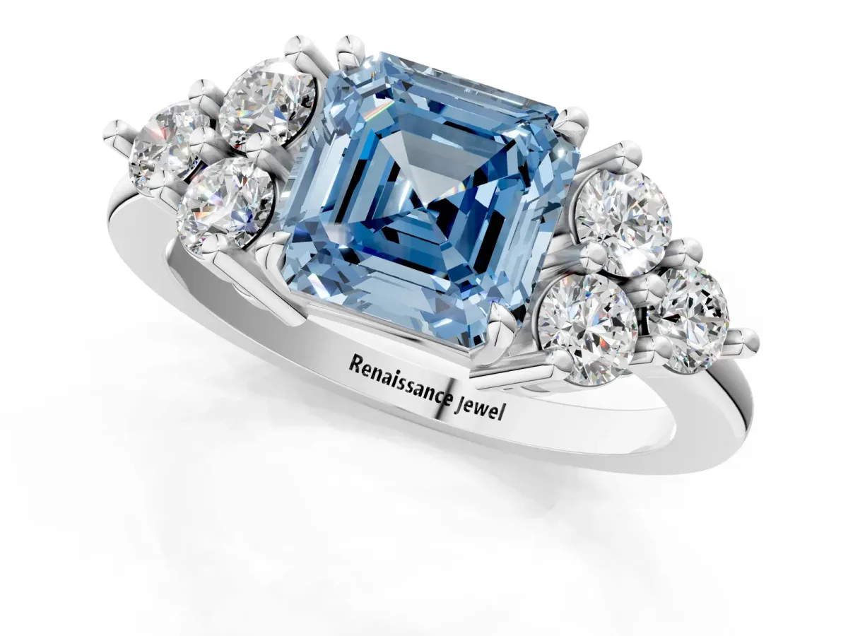 Fancy Blue Asscher Cut Brilliant Diamond Cluster Accent Solitaire Ring with Prong Setting Platinum