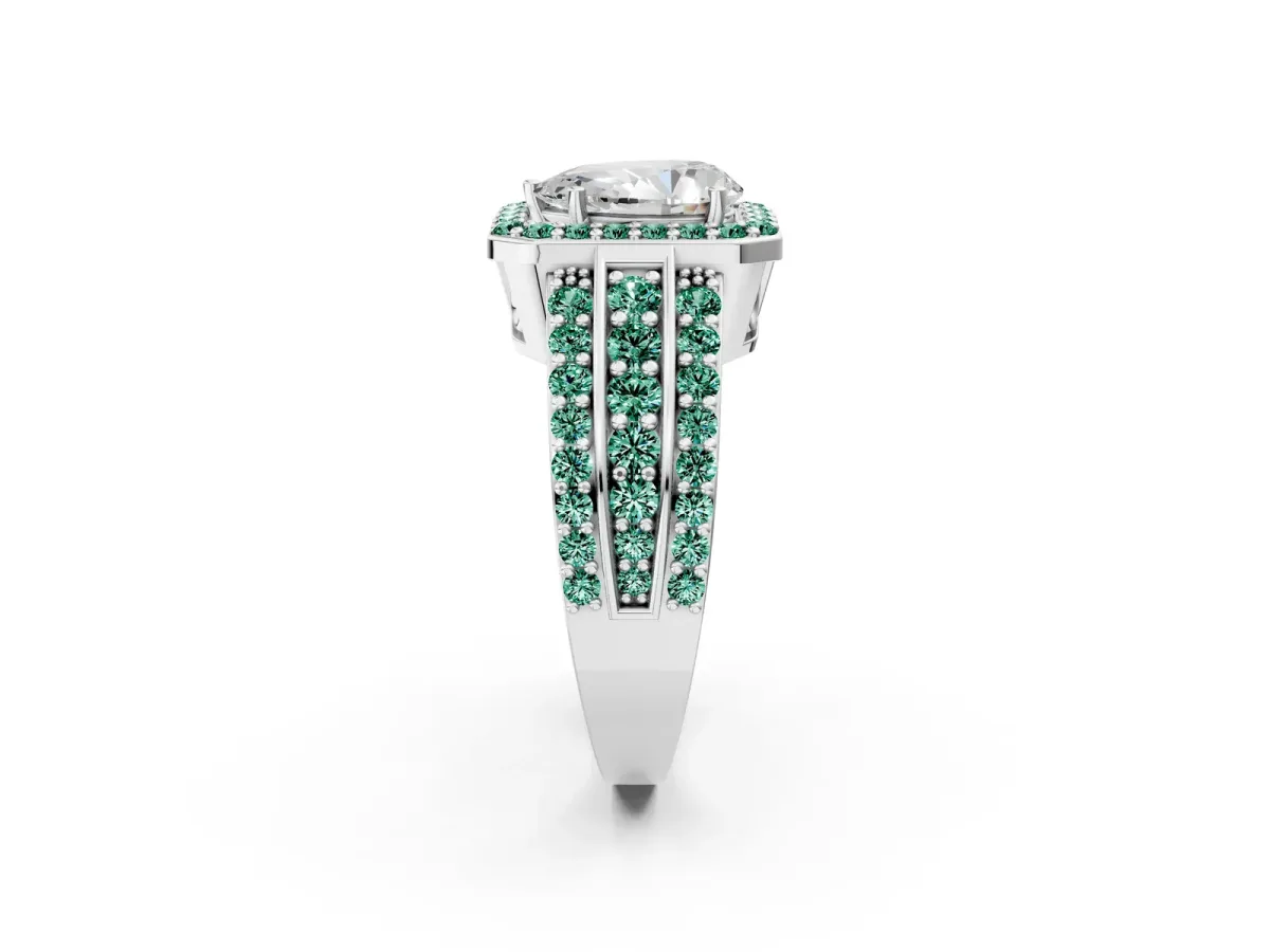 Pear Cut Halo Diamond Ring with Round Green Sapphire Split Shank and Prong Setting Silver