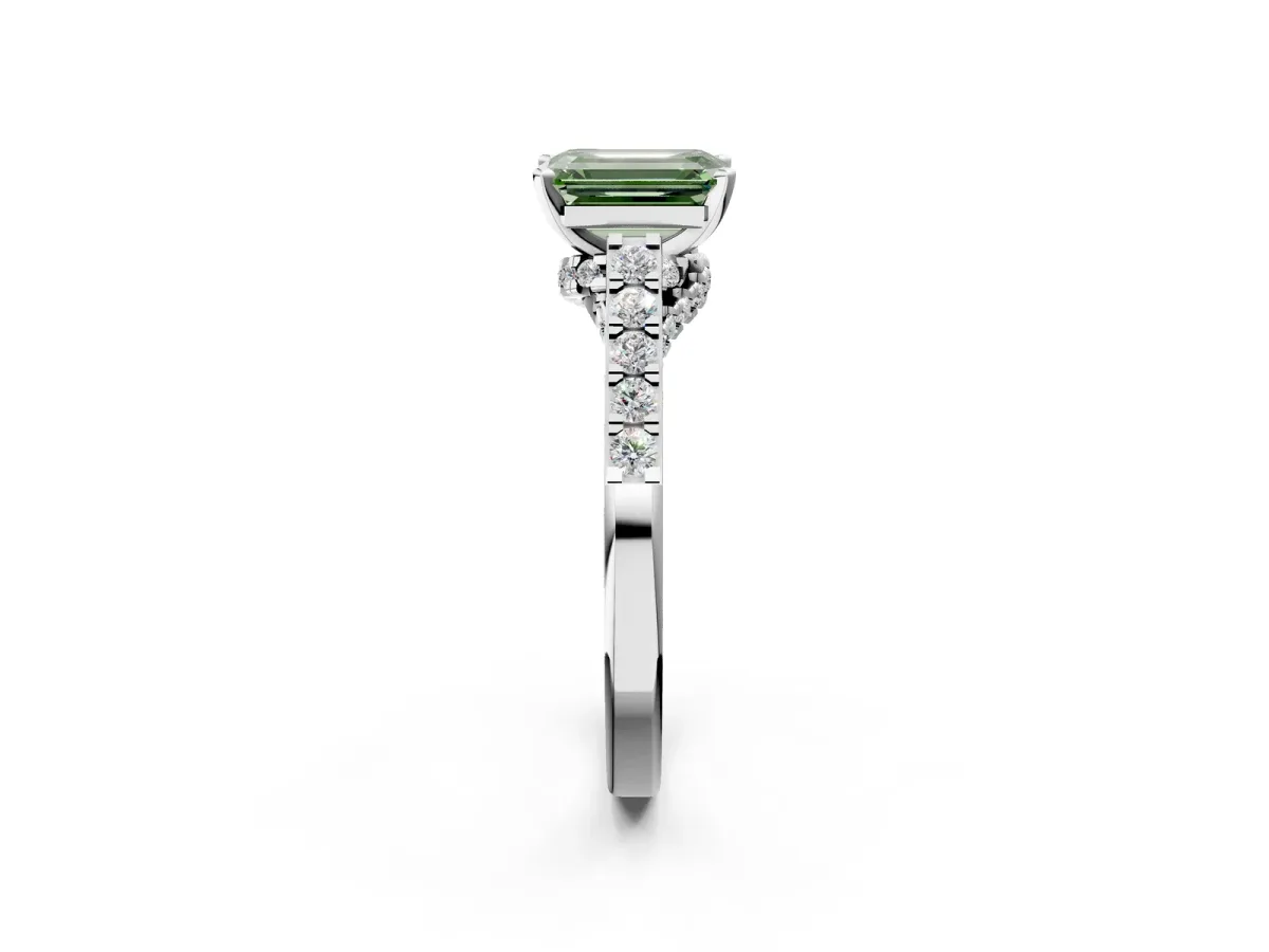 Fancy Green Emerald Cut Diamond Solitaire Ring with Crossover Gallery and Round Pavé Band Silver