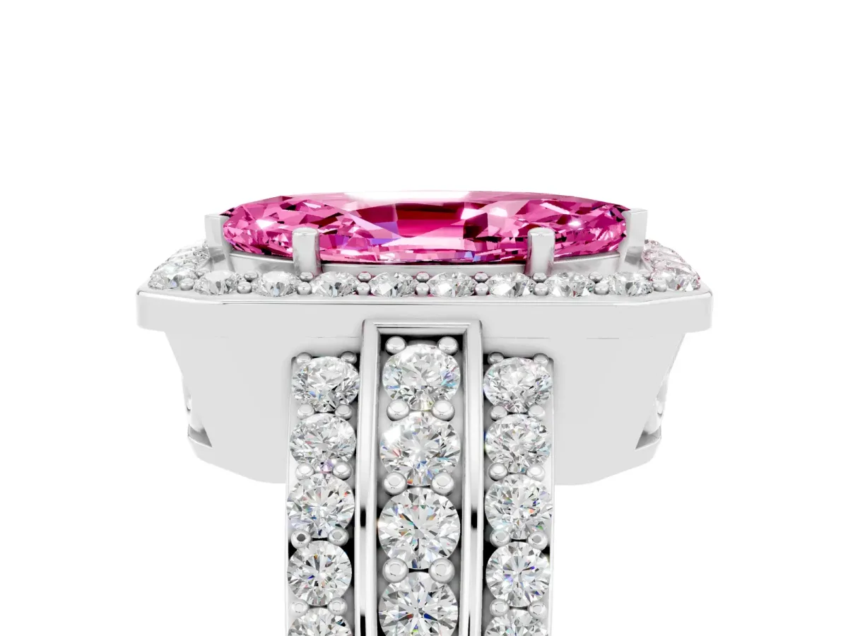 Marquise Cut Halo Pink Sapphire Ring with Round Split Shank and Prong Setting Silver