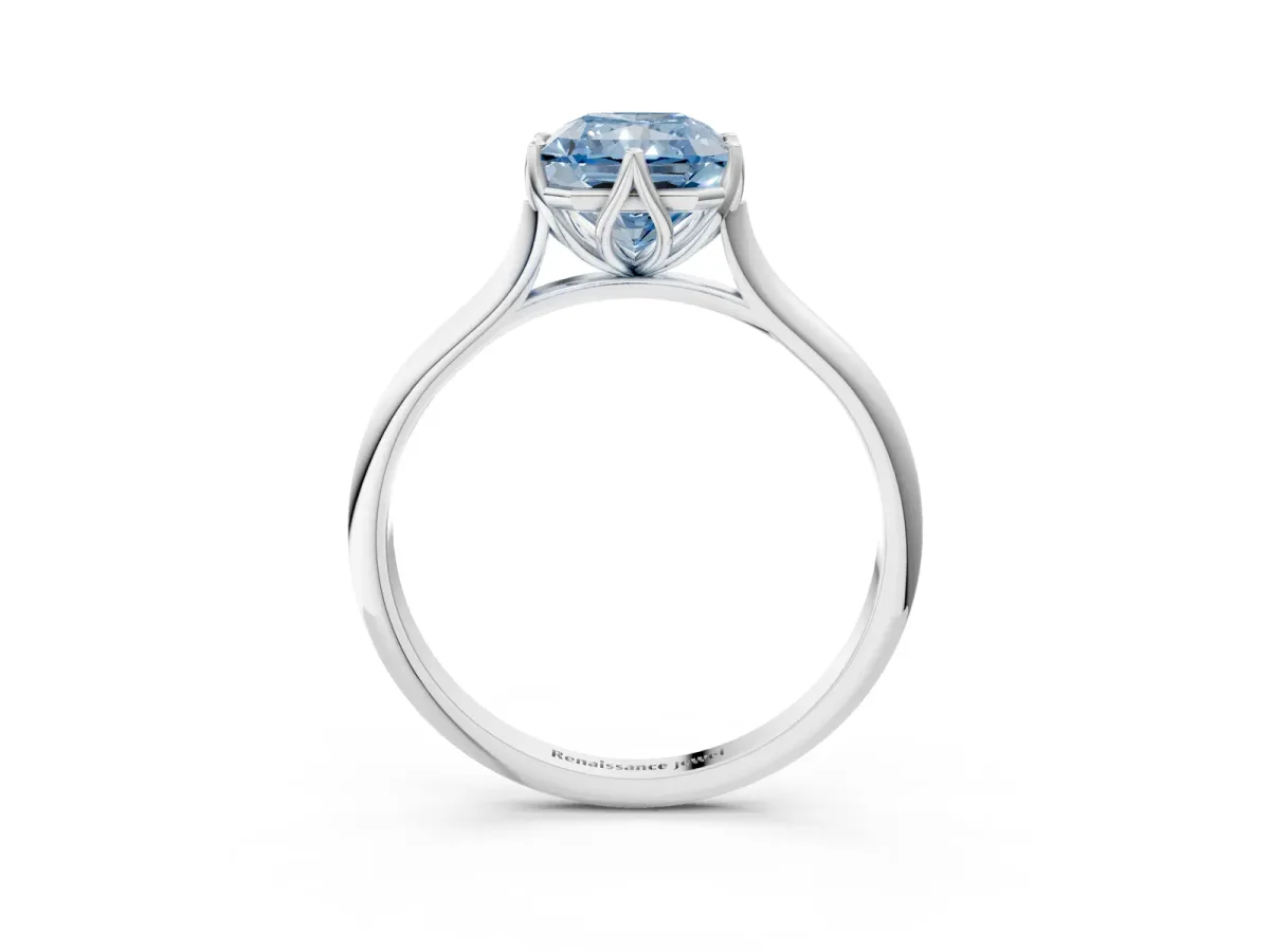 Fancy Blue Radiant Cut Solitaire Cathedral Diamond Ring with Six-Prong Setting Platinum