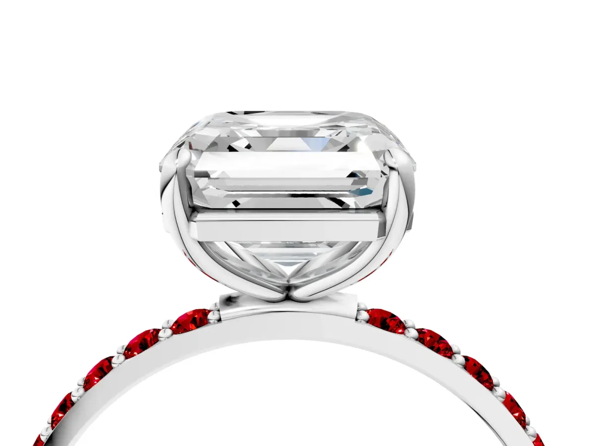 Asscher Cut Diamond Solitaire Ring with Round Ruby Pavé Band and Prong Setting Silver