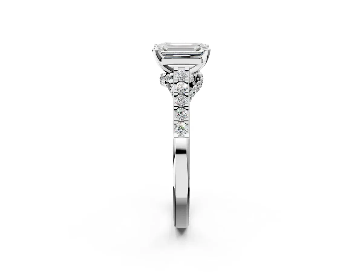 Emerald Cut Diamond Solitaire Ring with Crossover Gallery and Round Pavé Band Platinum