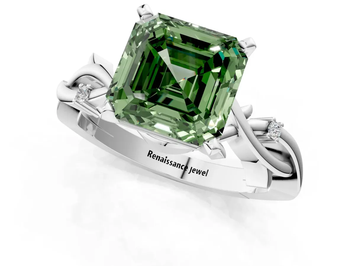 Fancy Green Asscher Cut Diamond Solitaire Ring with Twisted Band and Prong Setting Silver