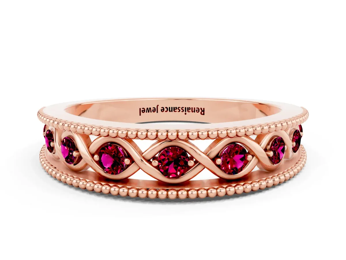 Round Garnet Twist Milgrain Band with Bezel Setting Rose gold