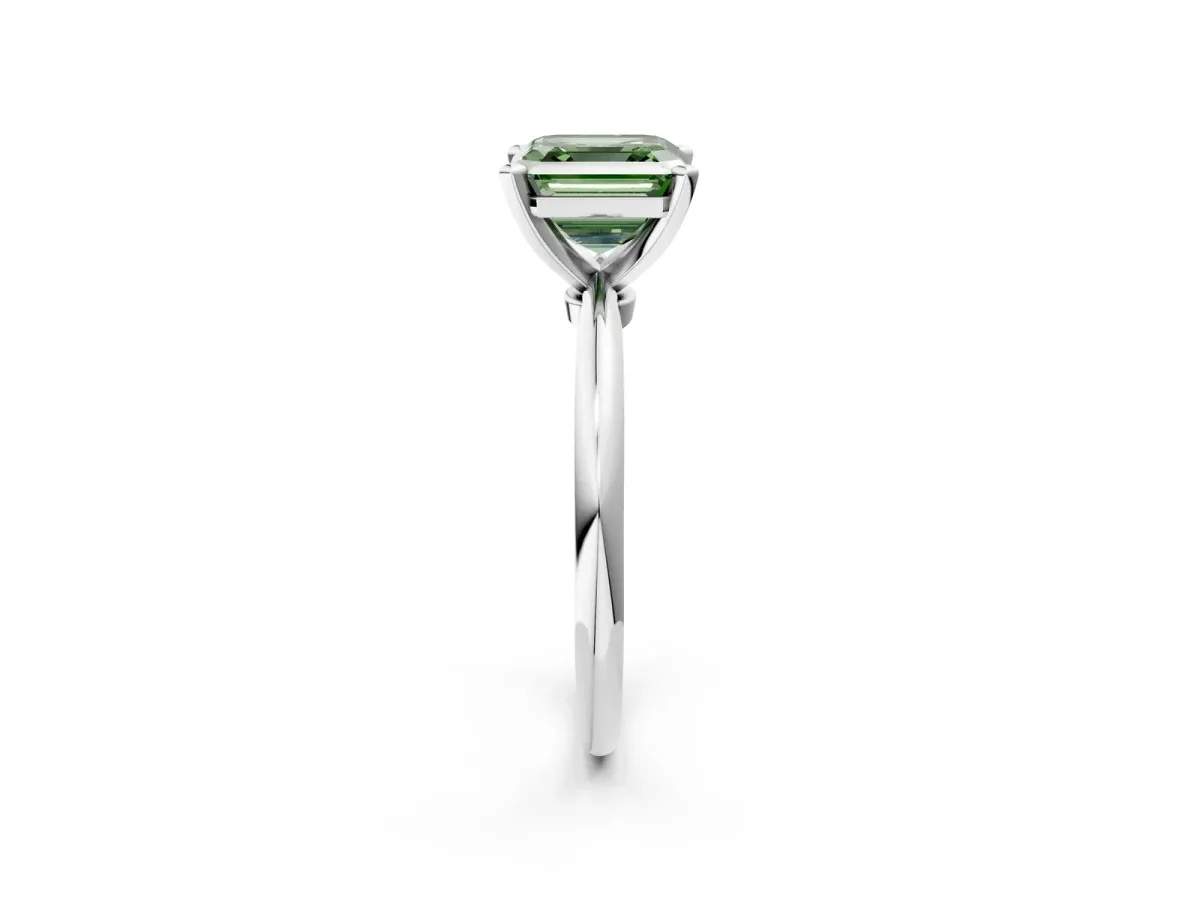 Fancy Green Asscher Cut Diamond Solitaire Ring with Six-Prong Setting and Classic Band Silver