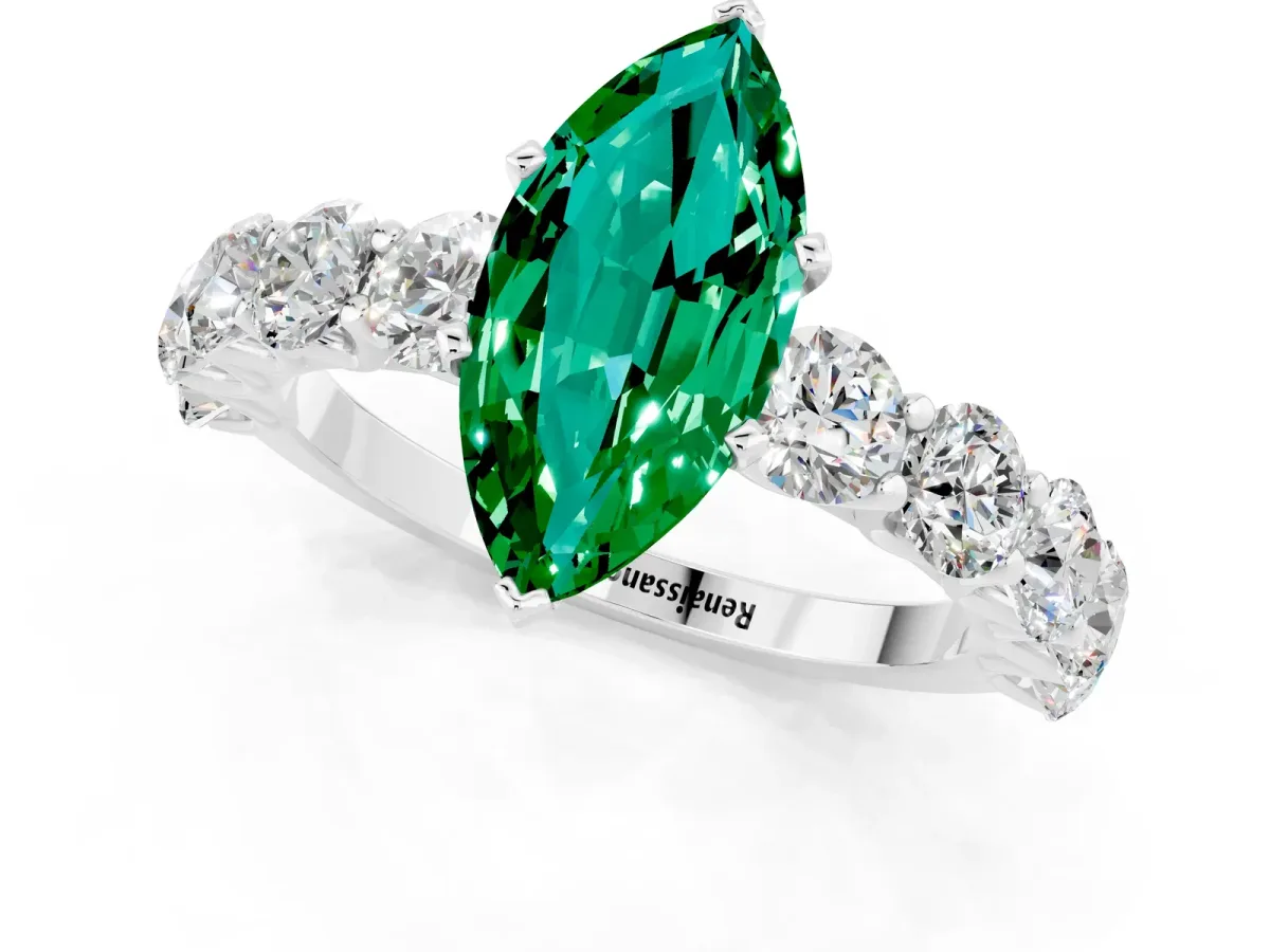 Marquise Cut Emerald Prong Setting with Side Stones on a Pave Band Silver