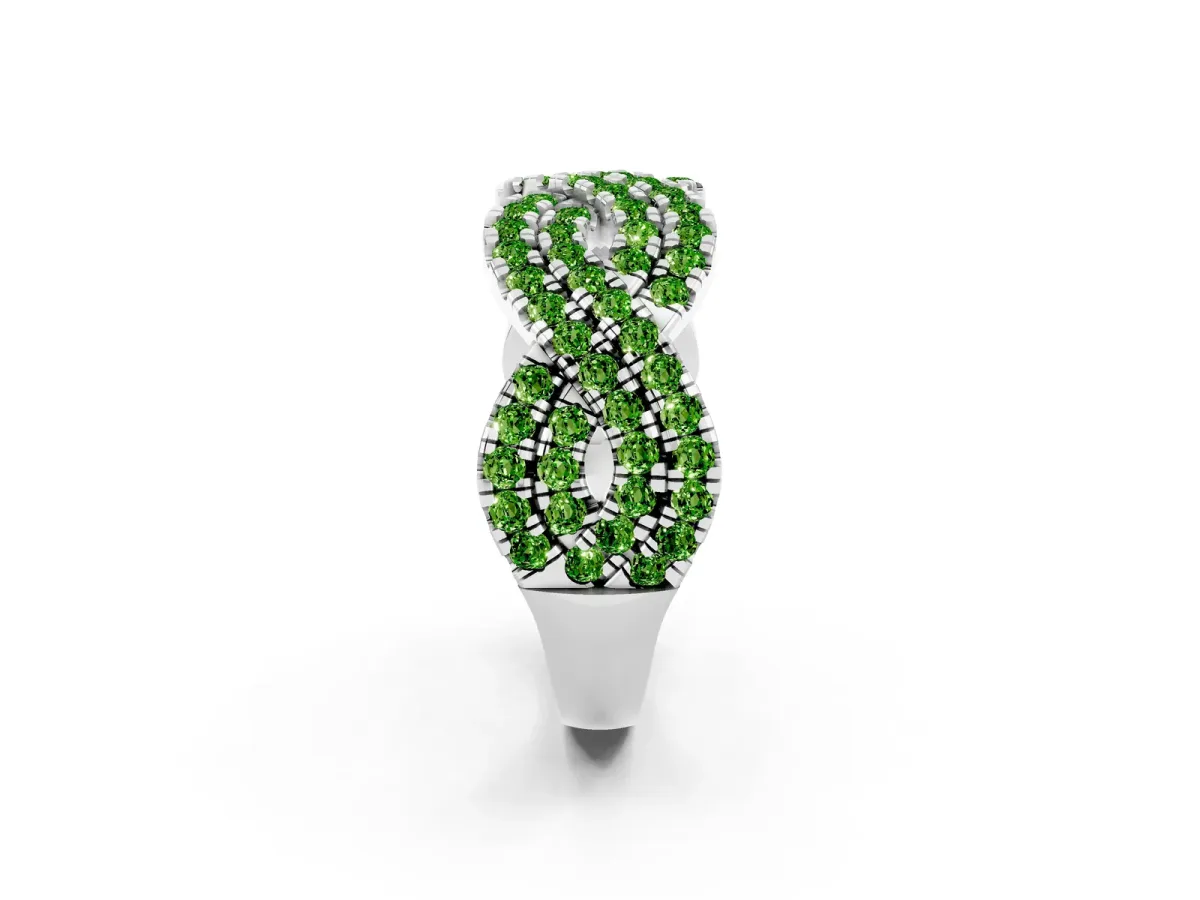 Pavé Round Peridot Infinity Twist Band with Shared Prong Setting Platinum
