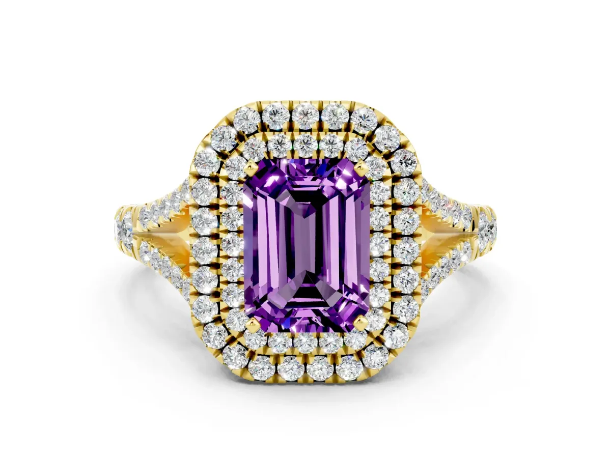 Double Halo Emerald Cut Amethyst Split Shank Engagement Ring with Four-Prong Setting Yellow gold