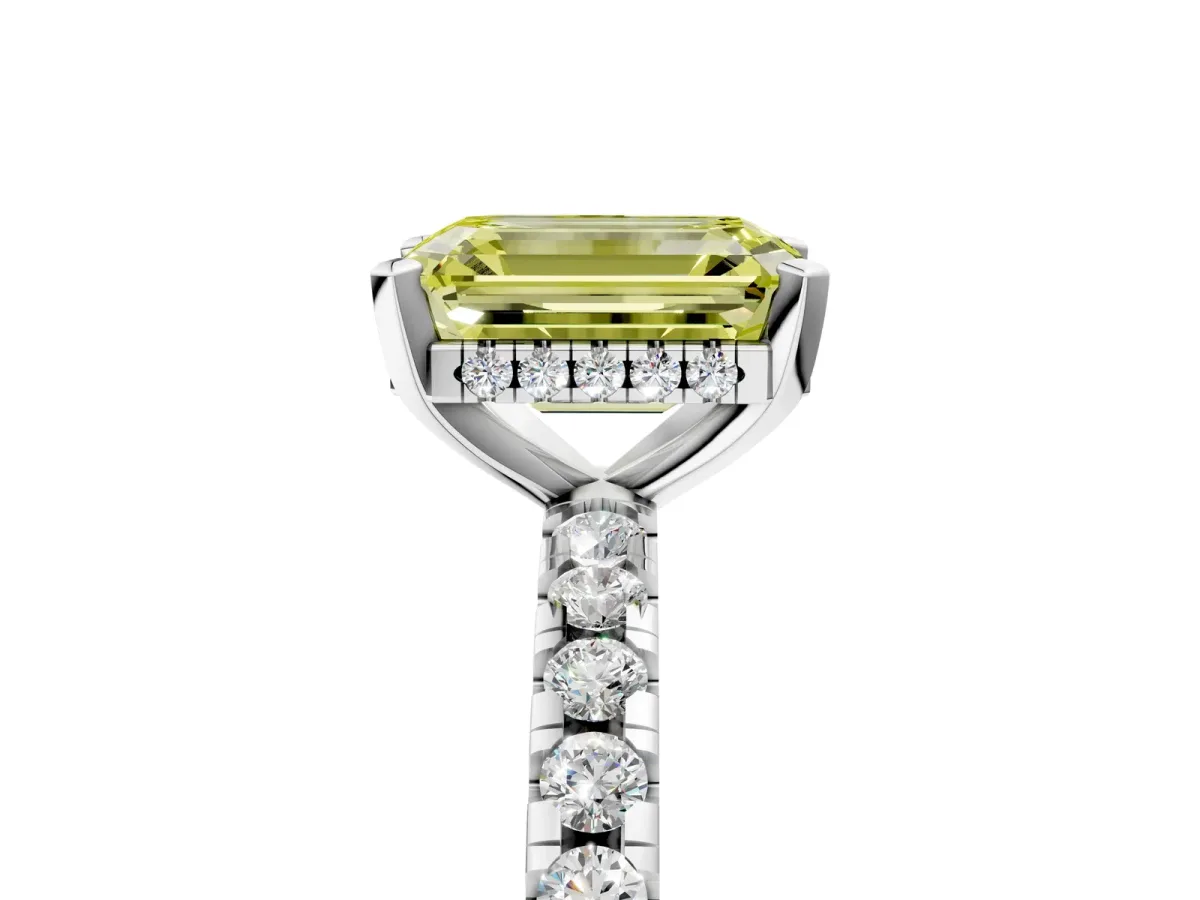 Fancy Yellow Emerald Cut Diamond Solitaire Ring with Round Pavé Band and Four-Prong Setting Silver