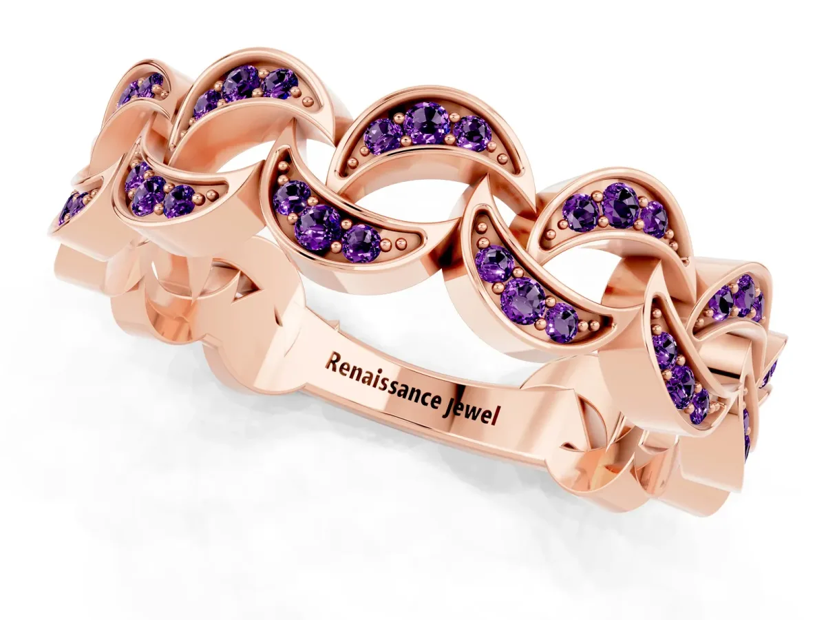 Pavé Round Amethyst Interlocking Eternity Band with Bezel Prong Setting Rose gold