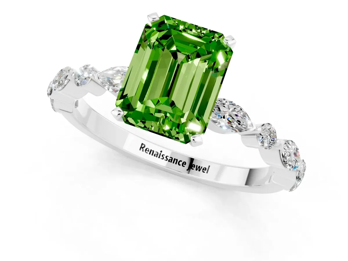 Emerald Cut Peridot Ring with Marquise and Round Side Stones and Four-Prong Setting Silver