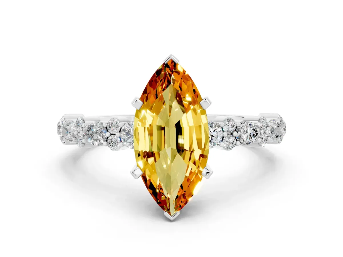 Marquise Cut Citrine Side Stone Solitaire Ring with Round and Four-Prong Setting Platinum