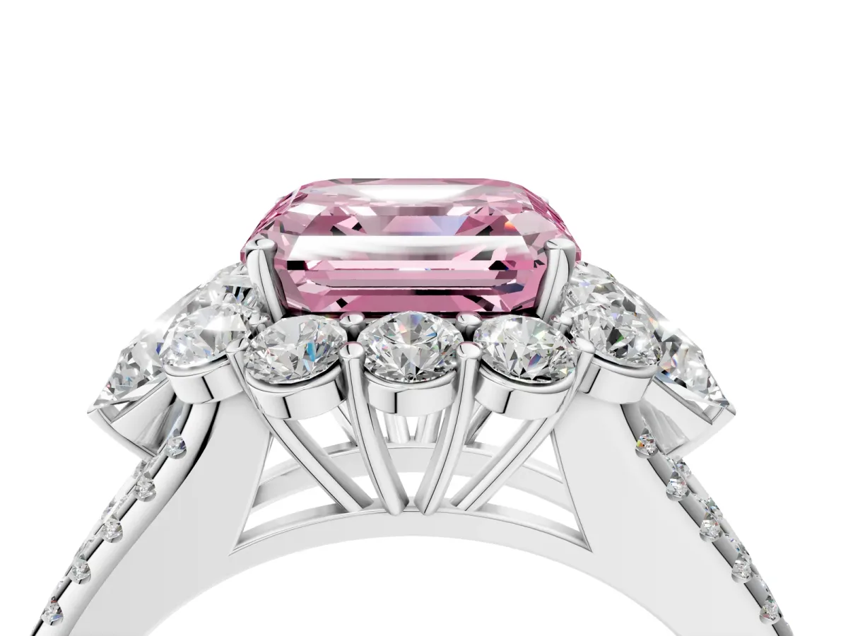 Fancy Pink Asscher Cut Halo Split Shank Diamond Engagement Ring with Prong Setting Platinum
