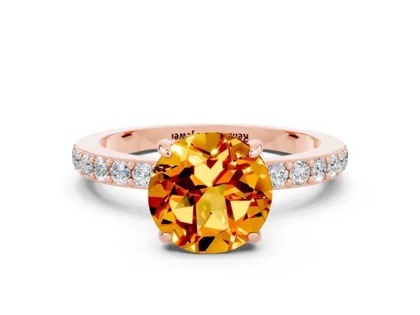 Round Cut Citrine Solitaire Engagement Ring with Pavé Band and Four-Prong Setting Rose gold