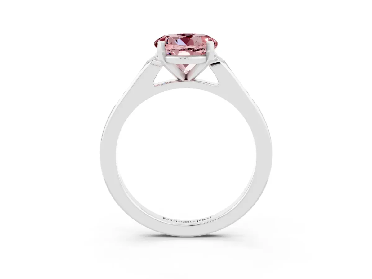 Round Cut Morganite Solitaire Ring with Channel Set Round Band and Prong Setting Silver