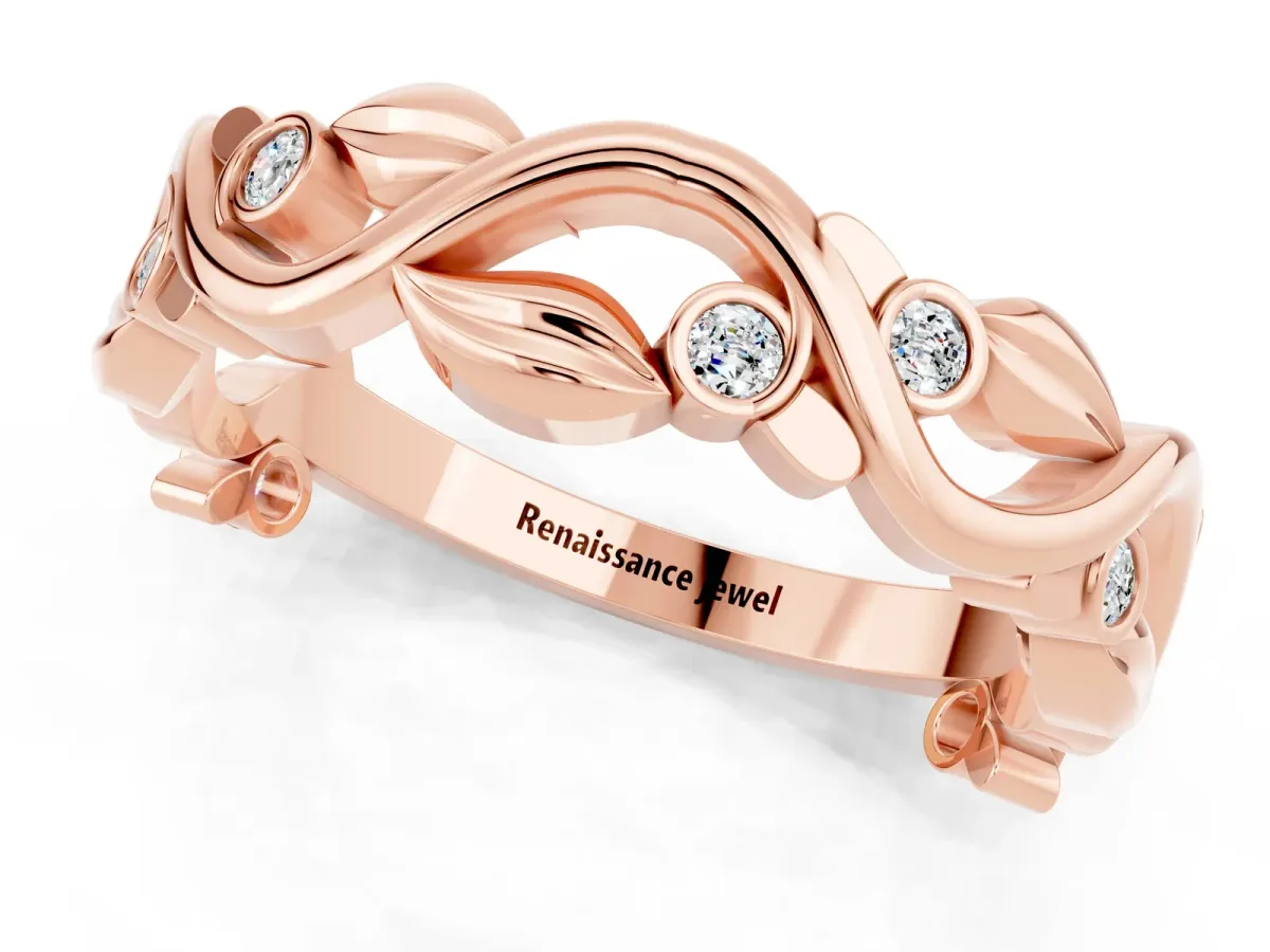 Round Moissanite Leaf Eternity Band with Bezel Setting Rose gold