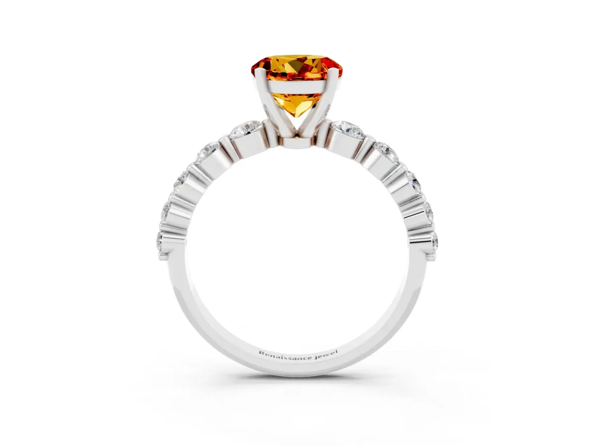 Round Cut Solitaire Citrine Ring with Pave Band and Four-Prong Setting Platinum