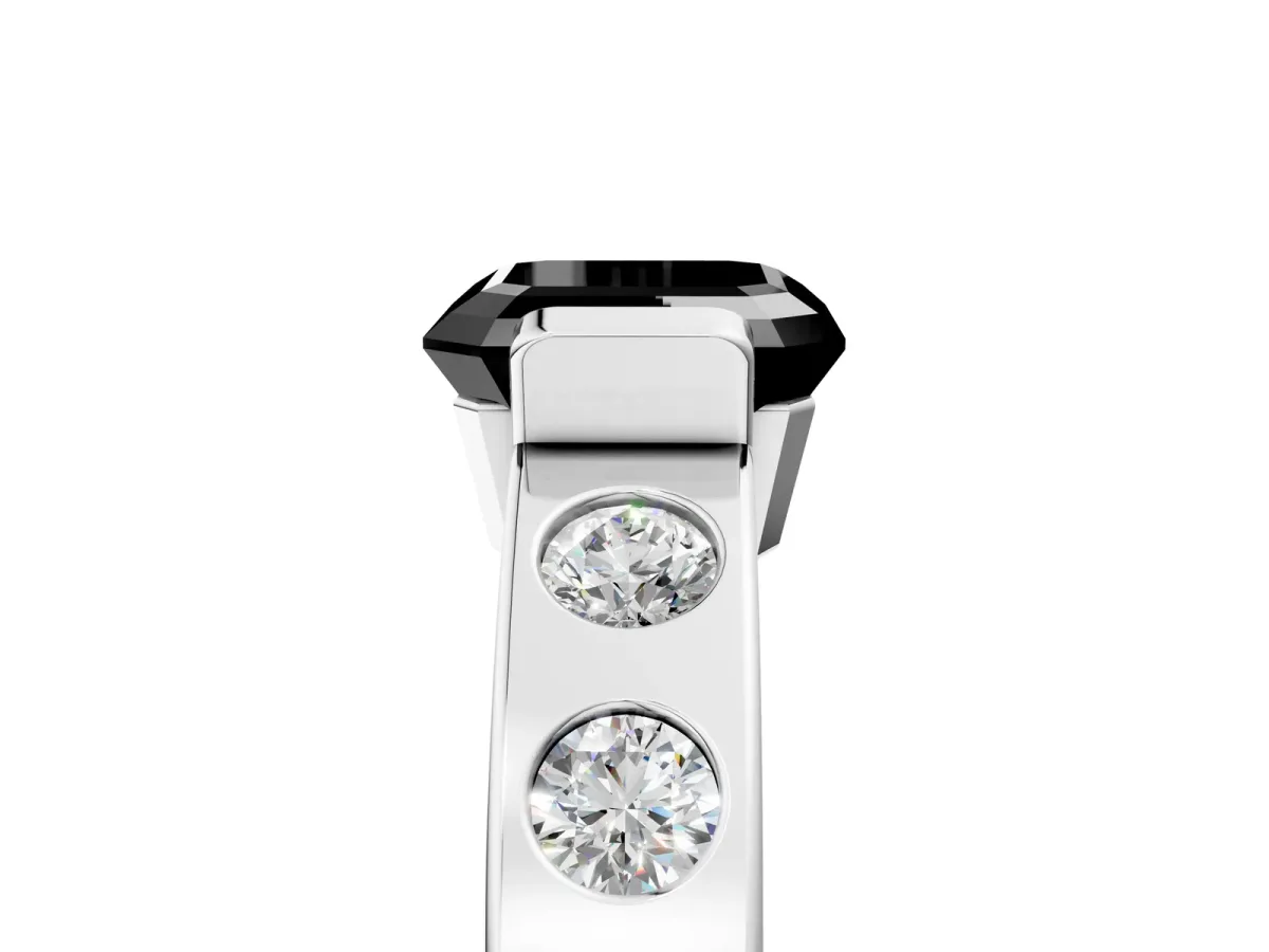 Fancy Black Asscher Cut Brilliant Channel-Set Diamond Ring with Bezel Prong Setting Platinum