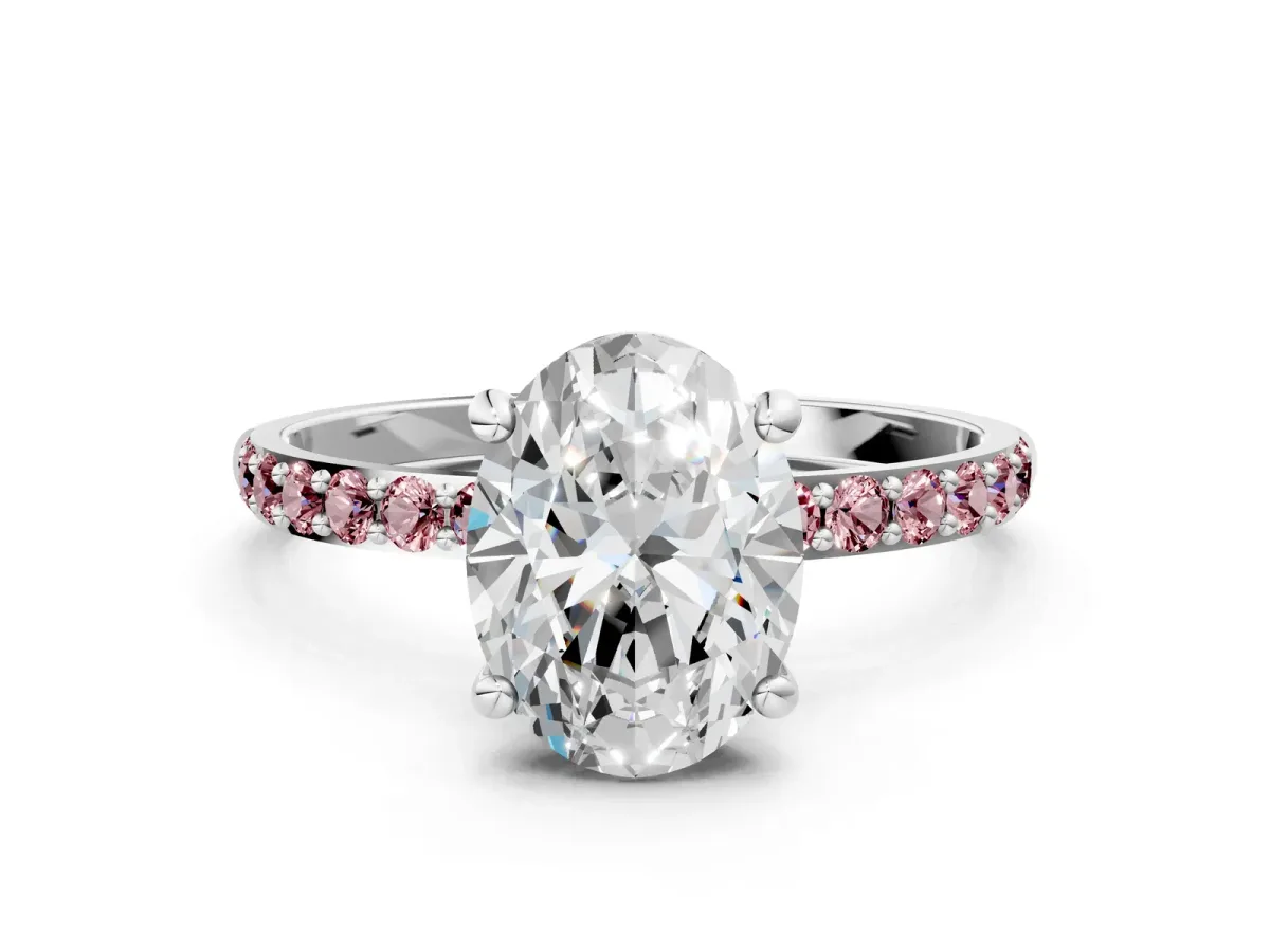 Oval Cut Diamond Solitaire Ring with Round Morganite Pavé Band and Prong Setting Silver