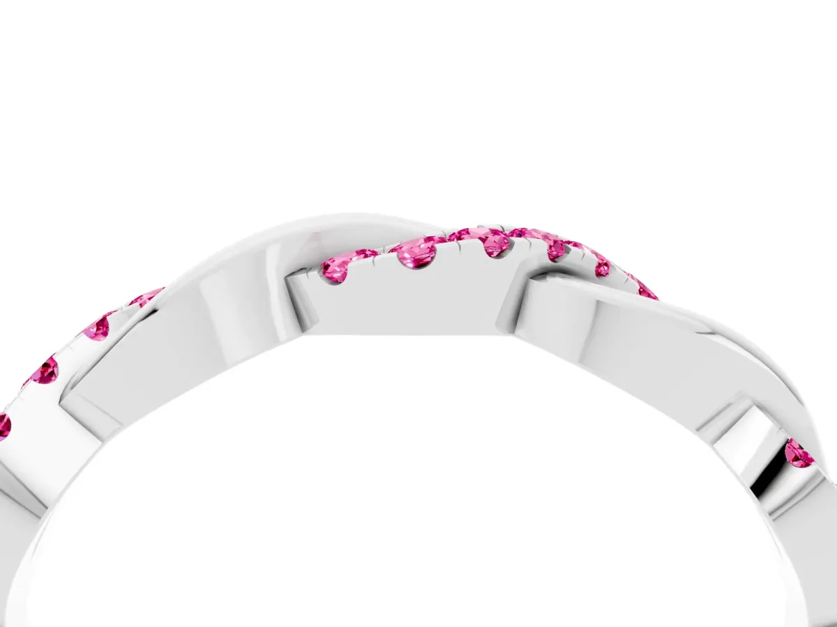 Pavé Round Pink Sapphire Twist Eternity Band with Shared Prong Setting Silver